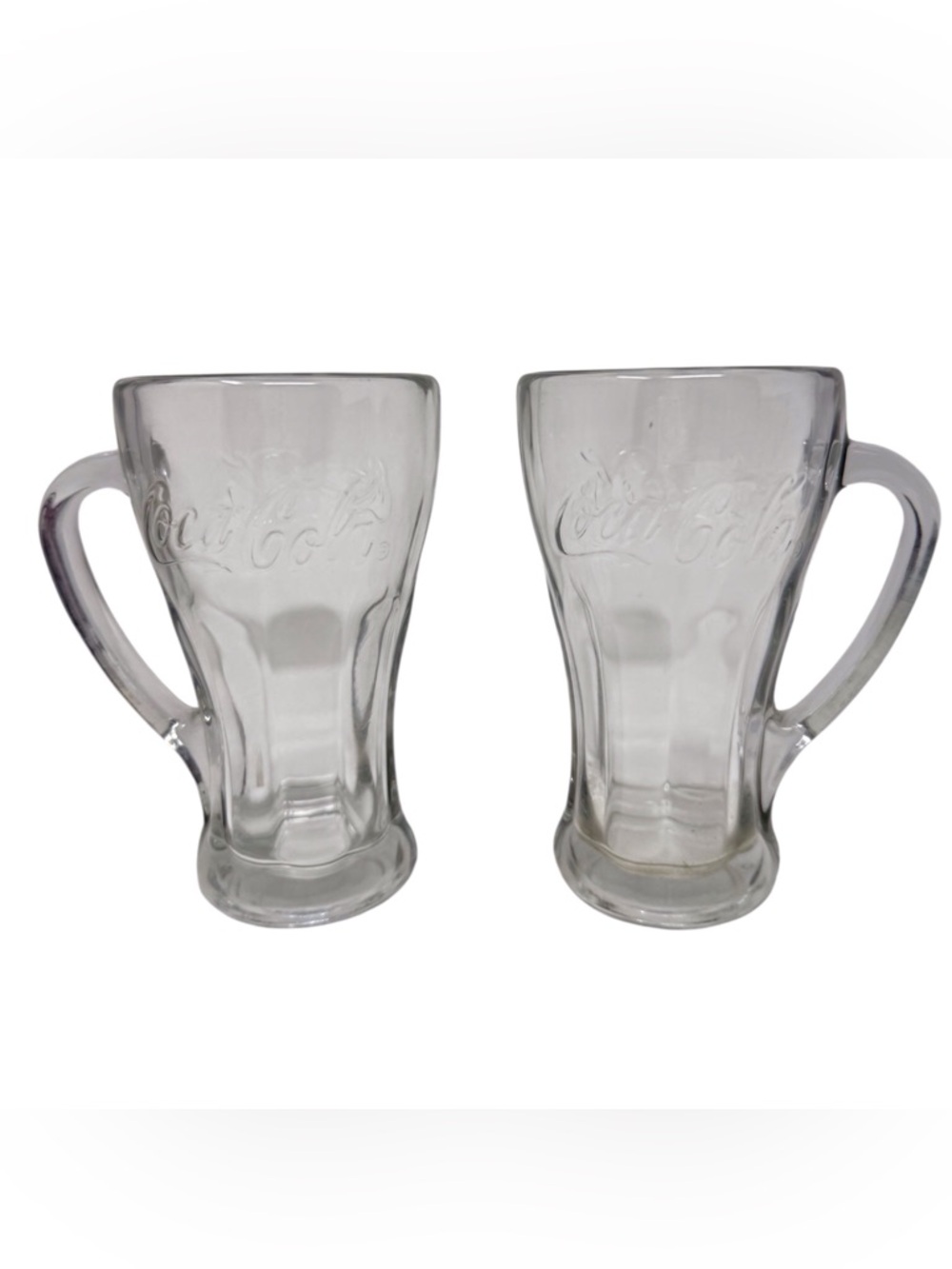 Vintage Pair Of Libbey Coca-Cola Clear glass 14 Ounce Handled tumbler mugs